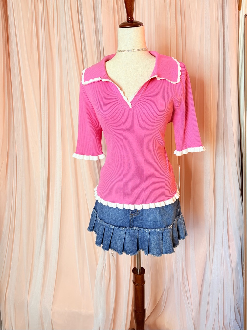 Nanette Lepore Pink Rib Knit Sweater Top Scalloped Collar NWT Y2K Large